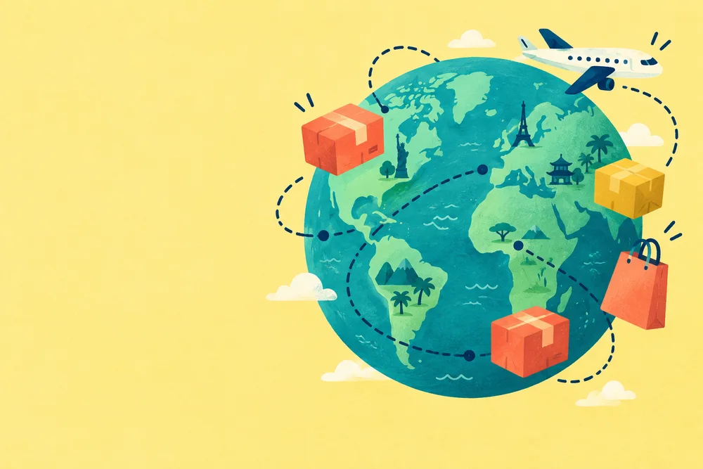 Ilustración de un globo terráqueo y paquetes
