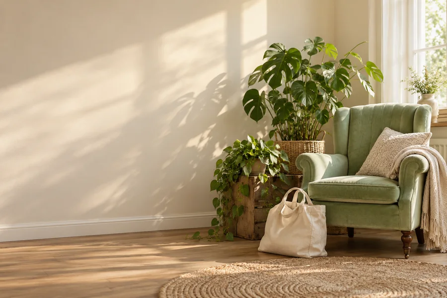 Sillón vintage verde y decoración de interior